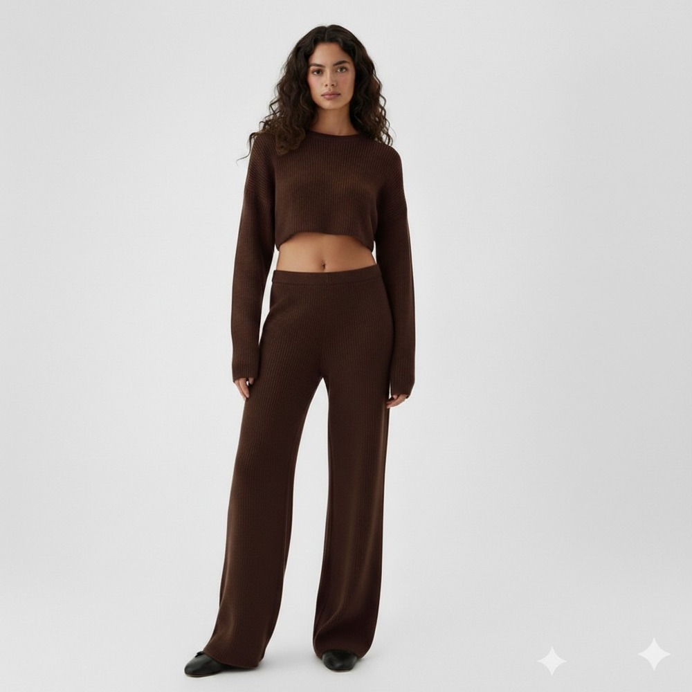 New Gap‎ Pants Large Tall CashSoft Shaker-Stitch Sweater Brown Wide Leg Pull On
